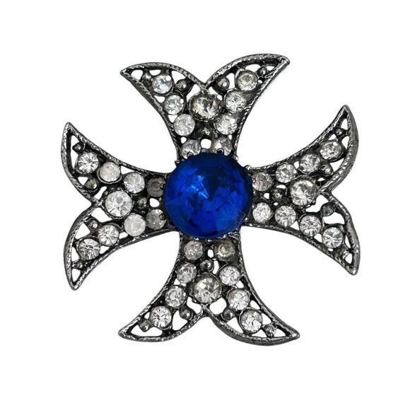 Vintage Maltese Cross Brooch 2” X 2” Silver-tone With Blue & Clear Rhinestones - Picture 1 of 7